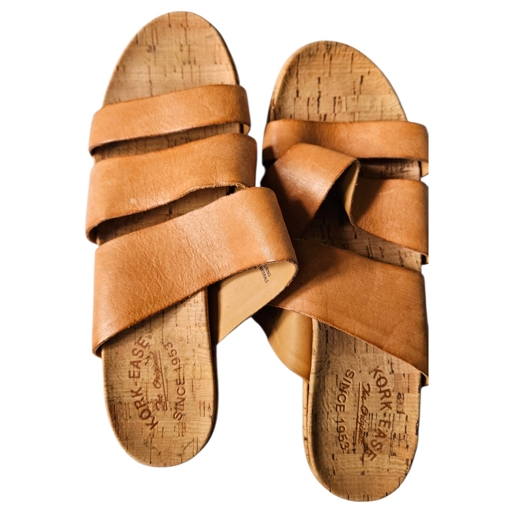 Kork-Ease Platform Wedge Sandals Tan Leather Strappy Cork Heel Size 9 1953